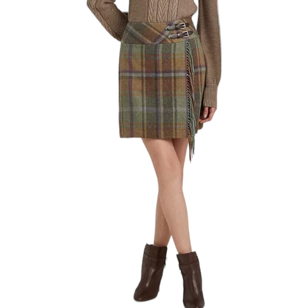 Lauren Ralph Lauren Plaid Fringe-Trim Tweed Miniskirt Size 16